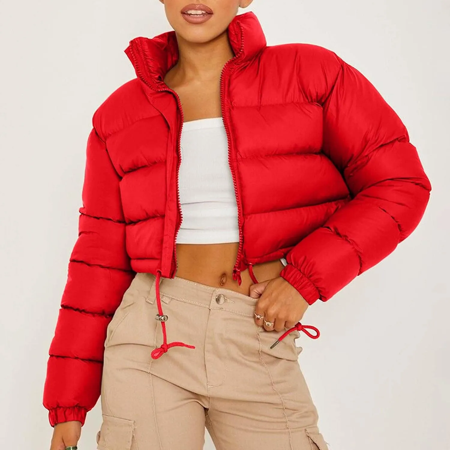 Women’s Winter Warm Cropped Puffer Jacket Coat Casual Quilted Baggy Long Sleeve Zip Down Sherpa Jackets Outerwear