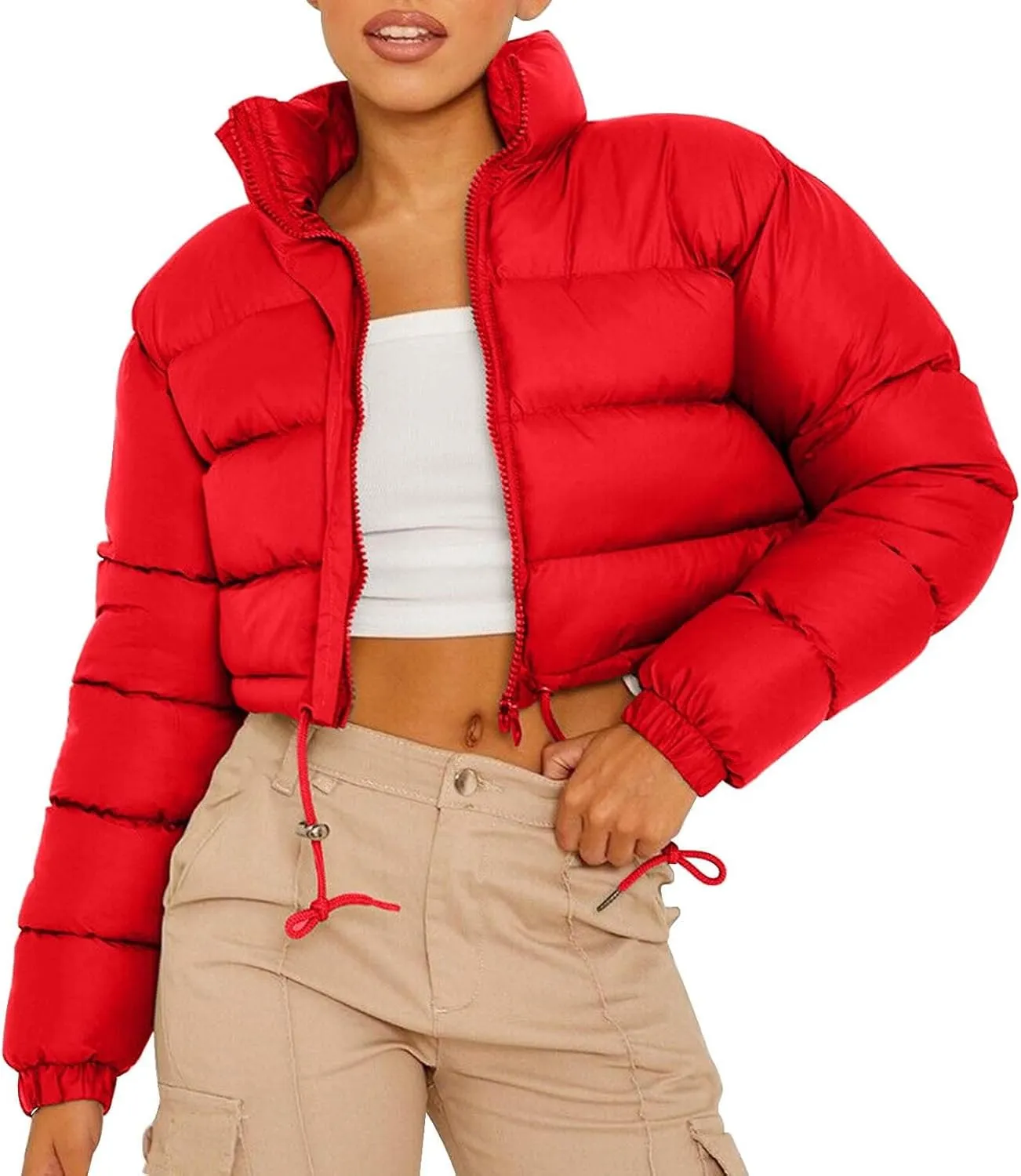 Women’s Winter Warm Cropped Puffer Jacket Coat Casual Quilted Baggy Long Sleeve Zip Down Sherpa Jackets Outerwear