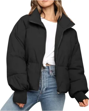 Women’s Winter Warm Cropped Puffer Jacket Coat Casual Quilted Baggy Long Sleeve Zip Down Sherpa Jackets Outerwear