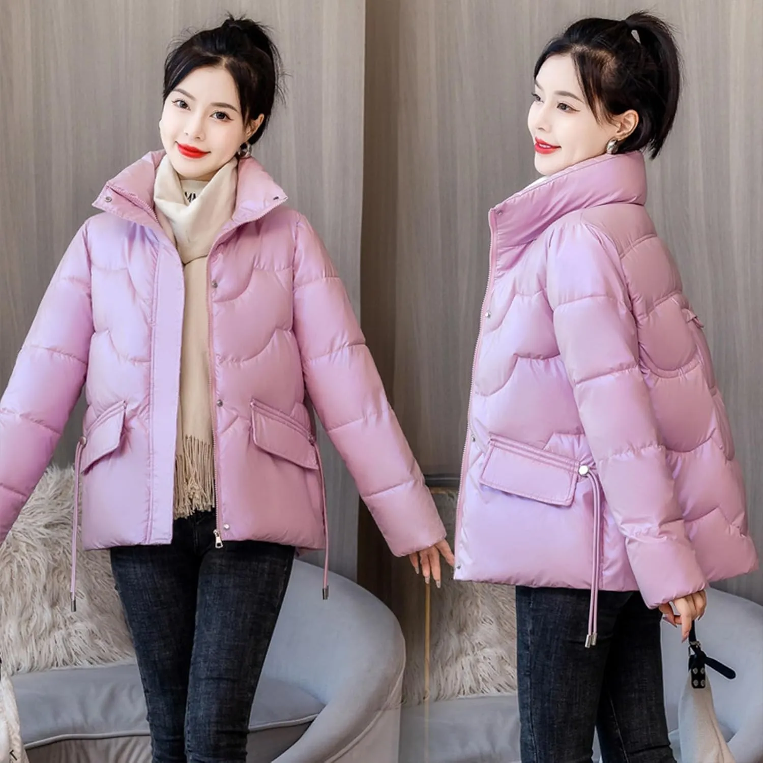Women's Winter Warm Long Sleeve Zip Up Drawstring Stand Collar Oversized Baggy Cropped Puffer Down Jackets Outerwear