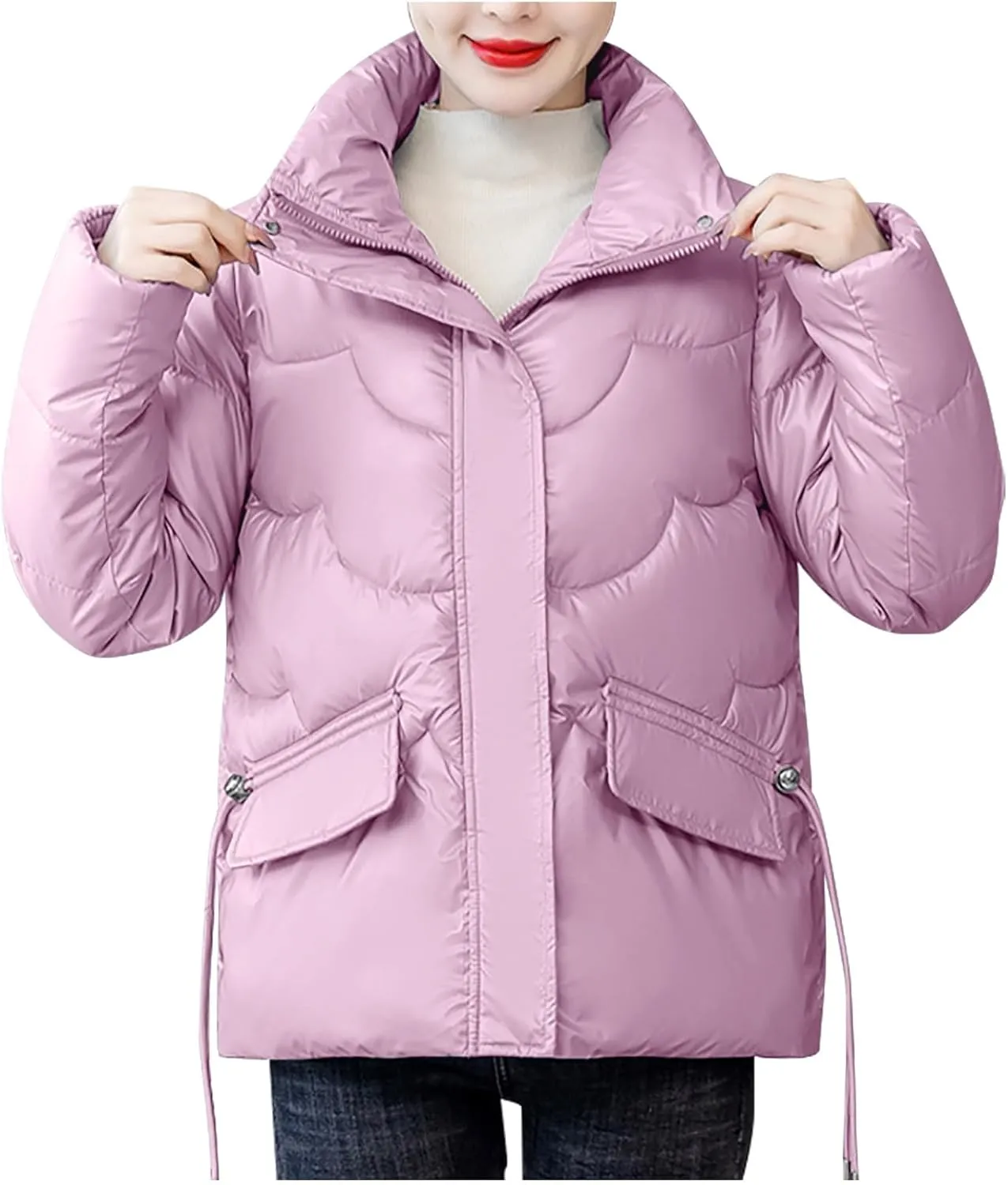 Women's Winter Warm Long Sleeve Zip Up Drawstring Stand Collar Oversized Baggy Cropped Puffer Down Jackets Outerwear