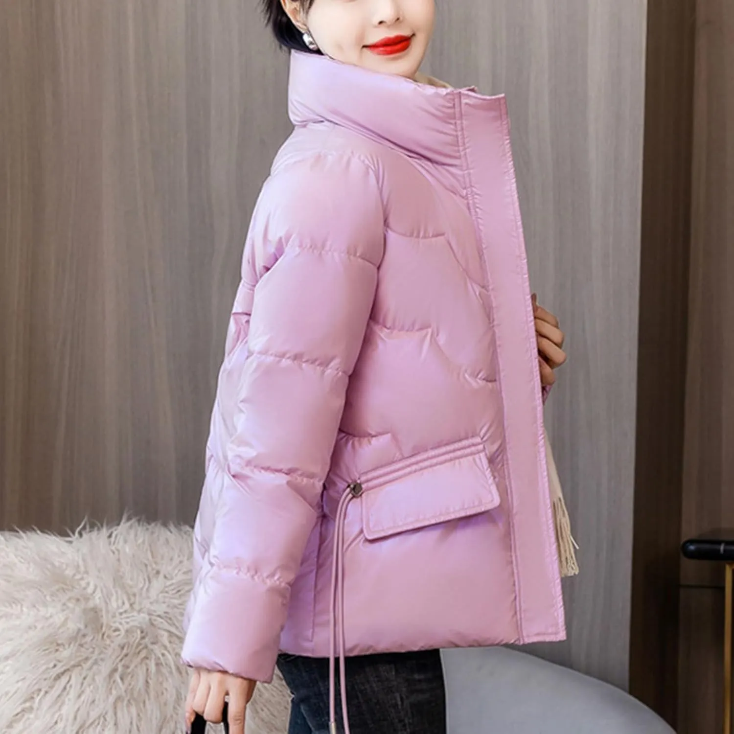 Women's Winter Warm Long Sleeve Zip Up Drawstring Stand Collar Oversized Baggy Cropped Puffer Down Jackets Outerwear