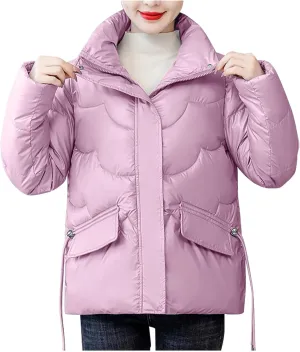 Women's Winter Warm Long Sleeve Zip Up Drawstring Stand Collar Oversized Baggy Cropped Puffer Down Jackets Outerwear
