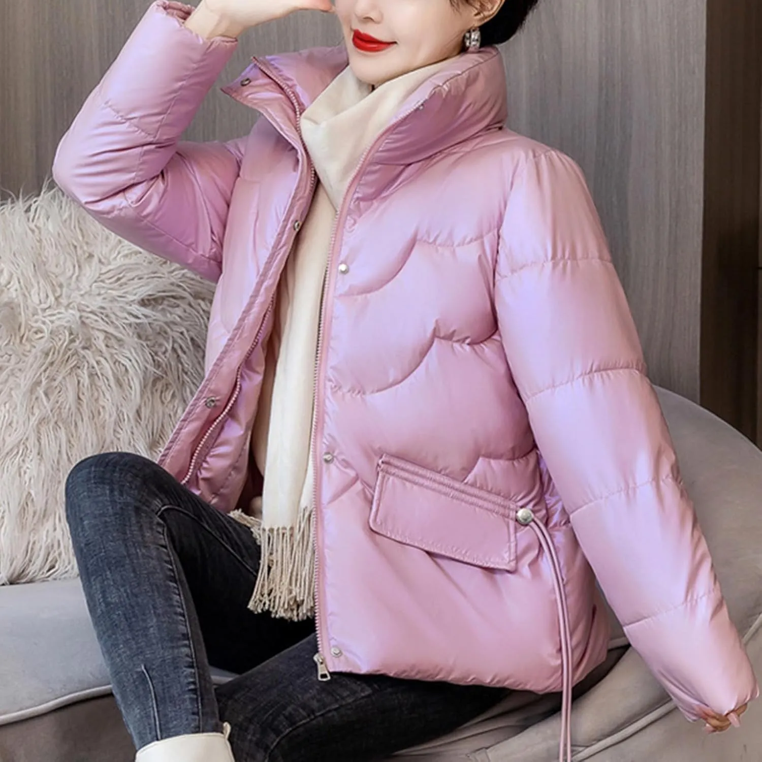 Women's Winter Warm Long Sleeve Zip Up Drawstring Stand Collar Oversized Baggy Cropped Puffer Down Jackets Outerwear