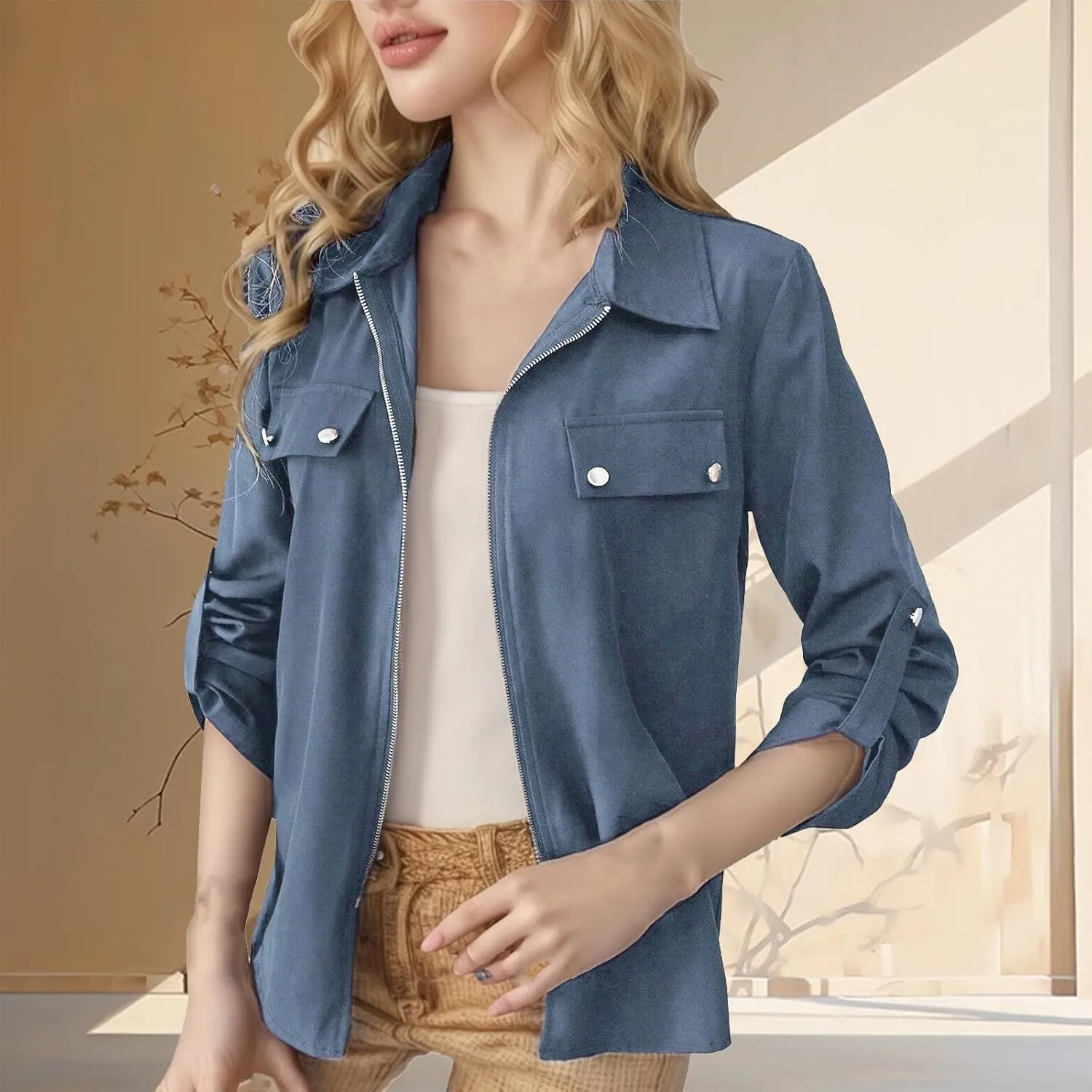 Women's Zip Up Bomber Jackets Lapel Collar Roll Up Sleeve Lightweight Shackets Coats Casual Fall Outwear with Pockets
