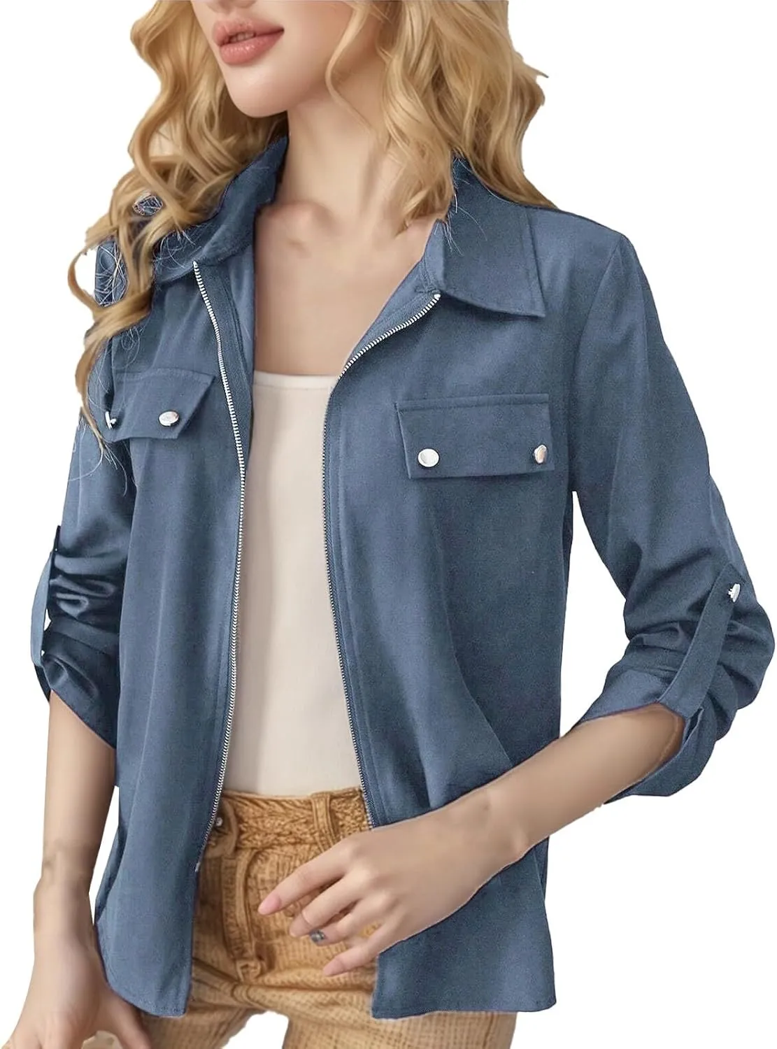 Women's Zip Up Bomber Jackets Lapel Collar Roll Up Sleeve Lightweight Shackets Coats Casual Fall Outwear with Pockets