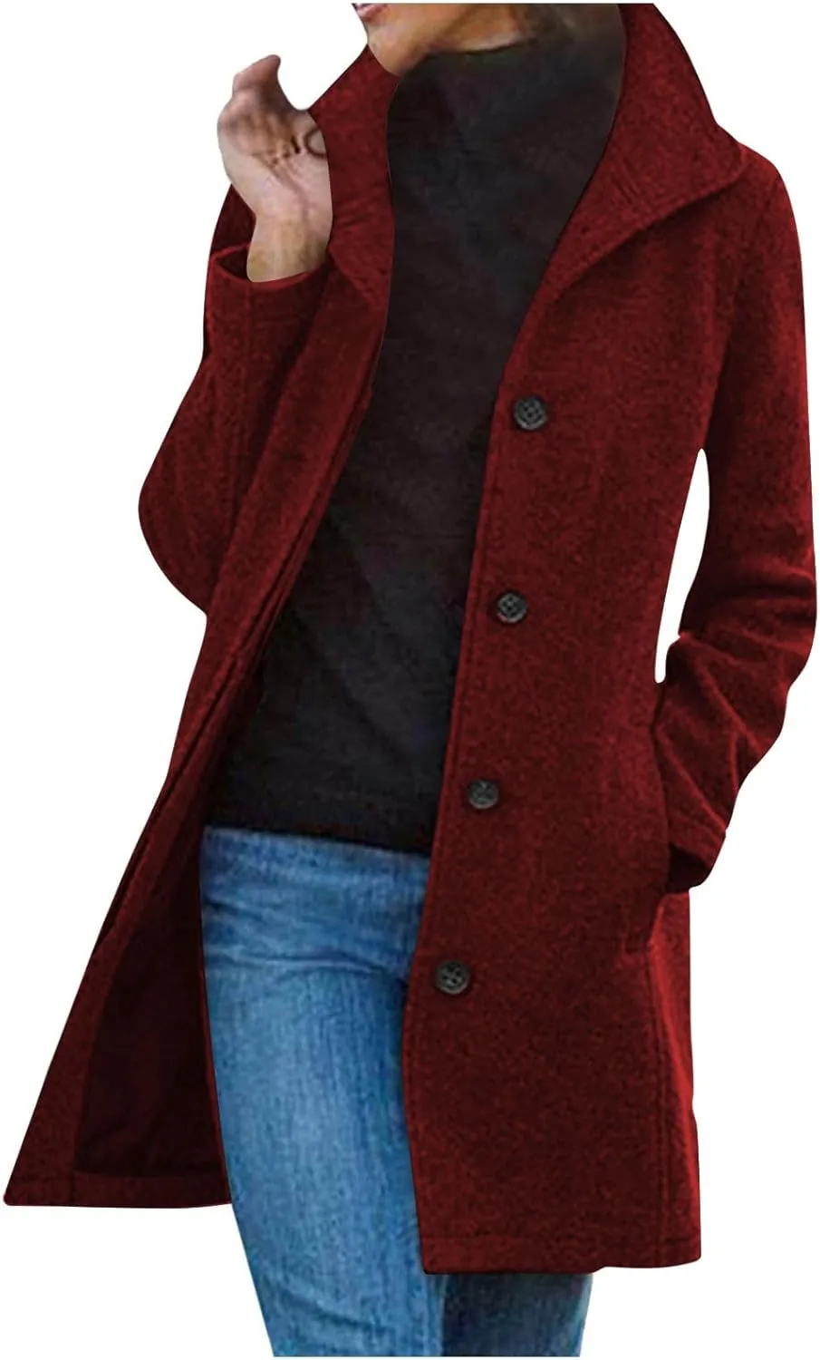 Wool Pea Coats for Women Winter Casual Thicken Wool Blend Stand Collar Single Breasted Pea Coat with Pockets