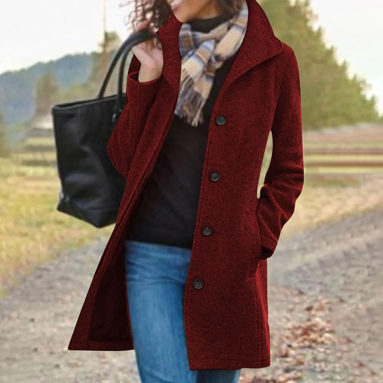 Wool Pea Coats for Women Winter Casual Thicken Wool Blend Stand Collar Single Breasted Pea Coat with Pockets