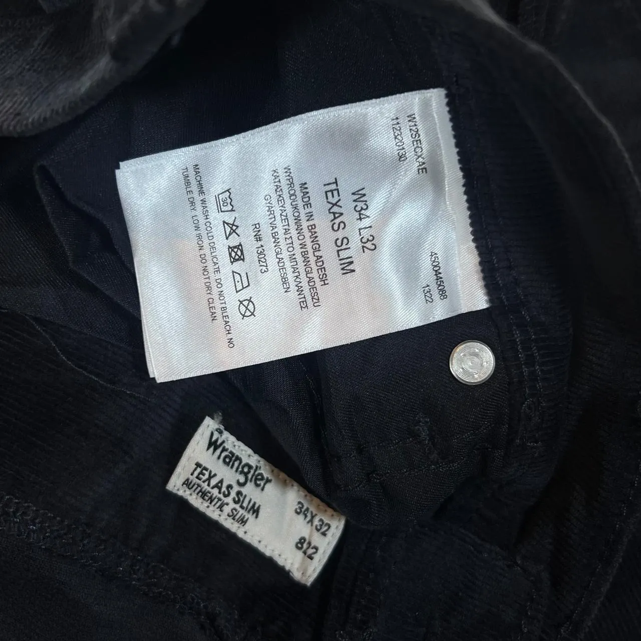 WRANGLER "Texas Slim" Classic Black Corduroy Cord Straight Leg Trousers