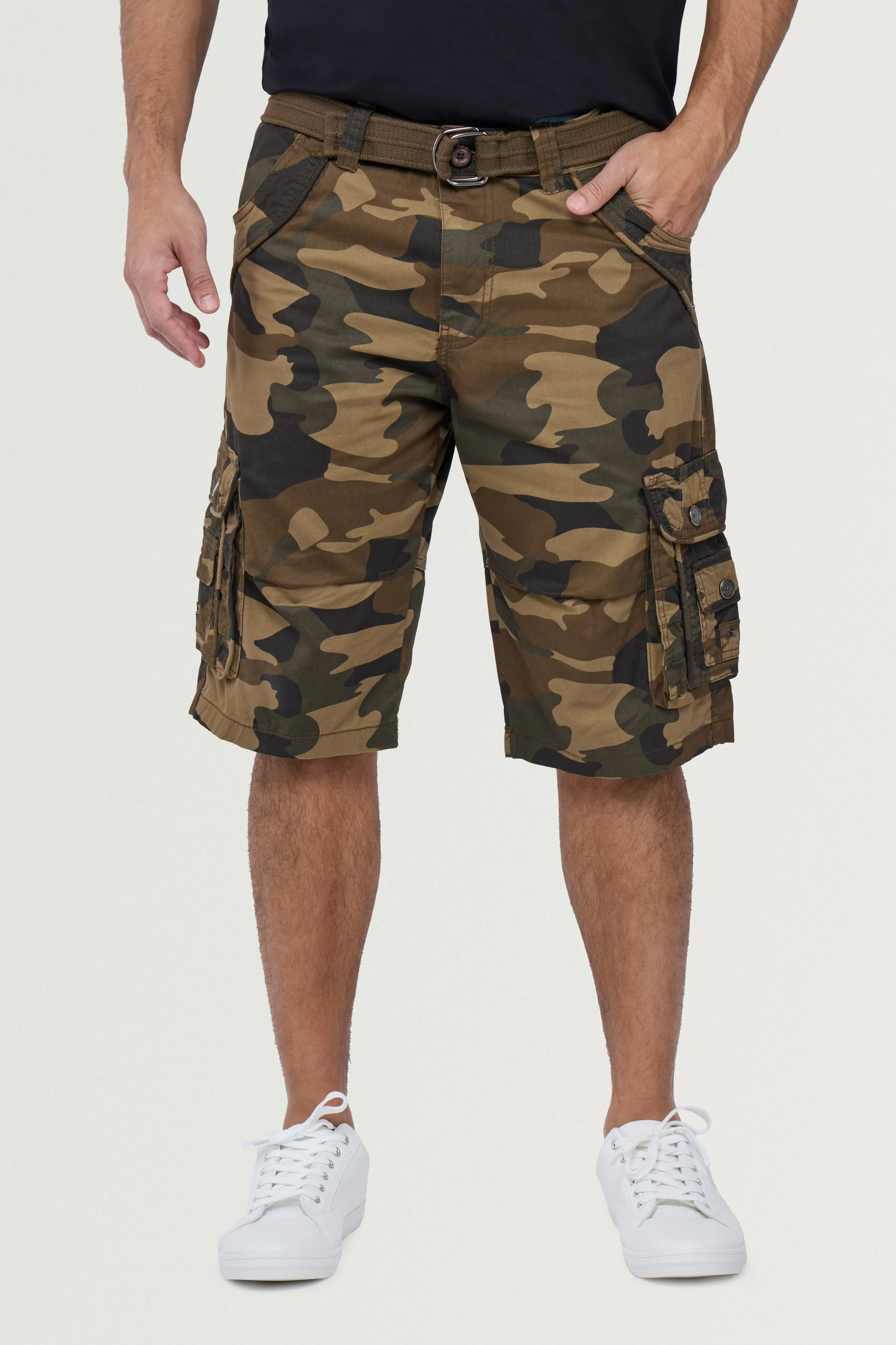 X RAY Men's Belted Twill Tape 12.5" Inseam Knee Length Cargo Shorts