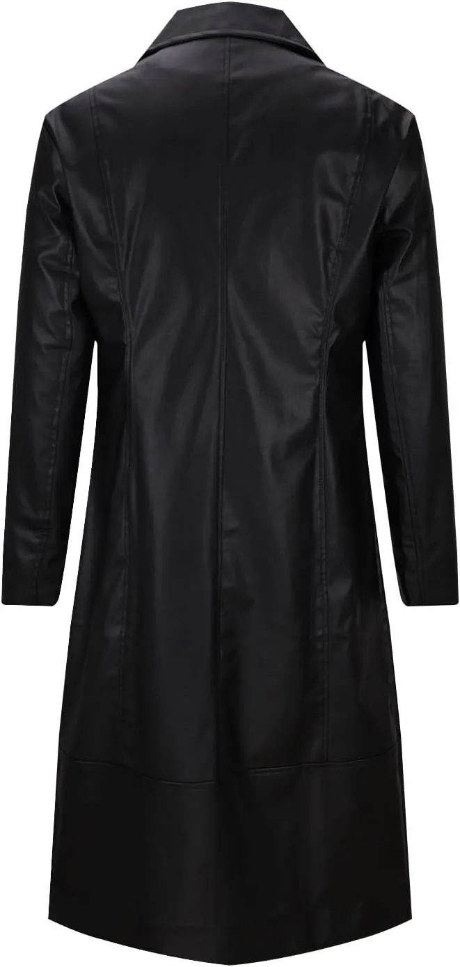 Xiaojmake Men's Black Leather Trench Coat Full Length Classic German Coat Double Breasted Pea Coats Long Duster Overcoat