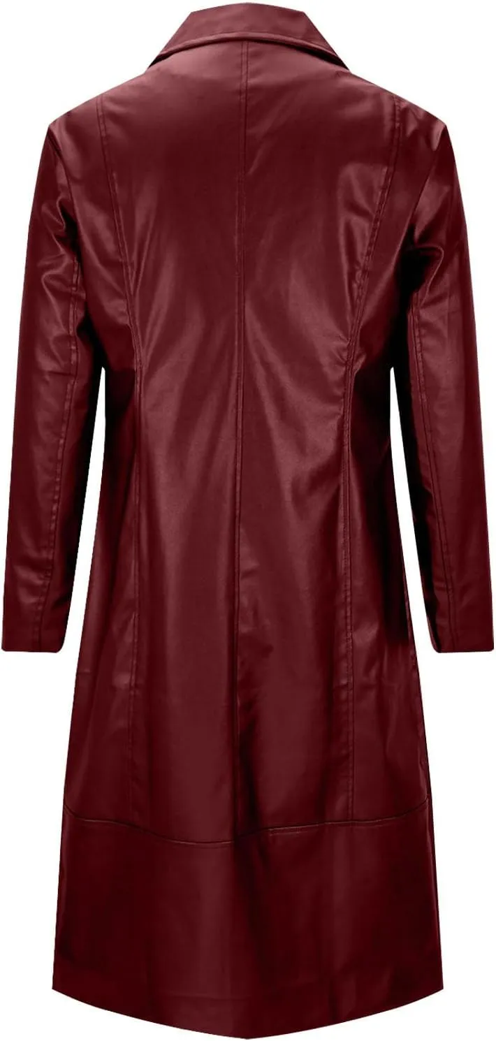 Xiaojmake Men's Black Leather Trench Coat Full Length Classic German Coat Double Breasted Pea Coats Long Duster Overcoat