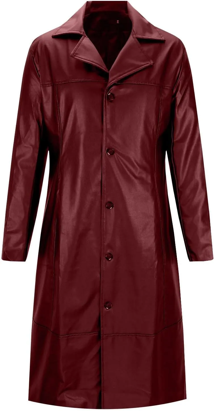 Xiaojmake Men's Black Leather Trench Coat Full Length Classic German Coat Double Breasted Pea Coats Long Duster Overcoat