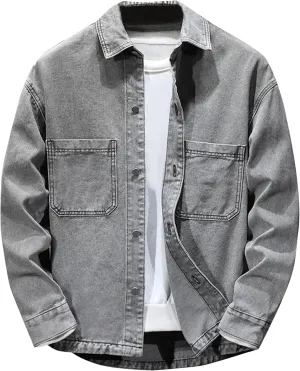 Xiaojmake Men's Denim Jacket Casual Button Down Washed Shacket Long Sleeve Jean Mountain Trucker Jacket for Teen Girls