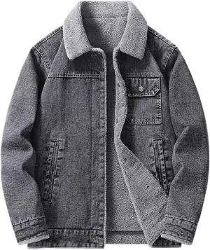 Xiaojmake Men's Lapel Sherpa Fleece Lined Trucker Jackets Thicken Washed Denim Jacket Casual Winter Warm Button Down Coats