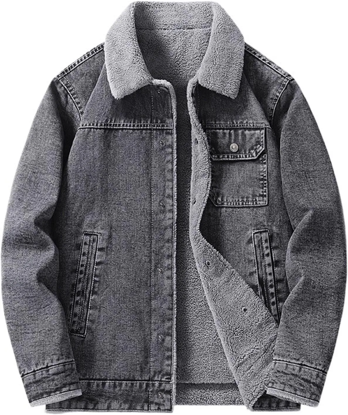 Xiaojmake Men's Lapel Sherpa Fleece Lined Trucker Jackets Thicken Washed Denim Jacket Casual Winter Warm Button Down Coats