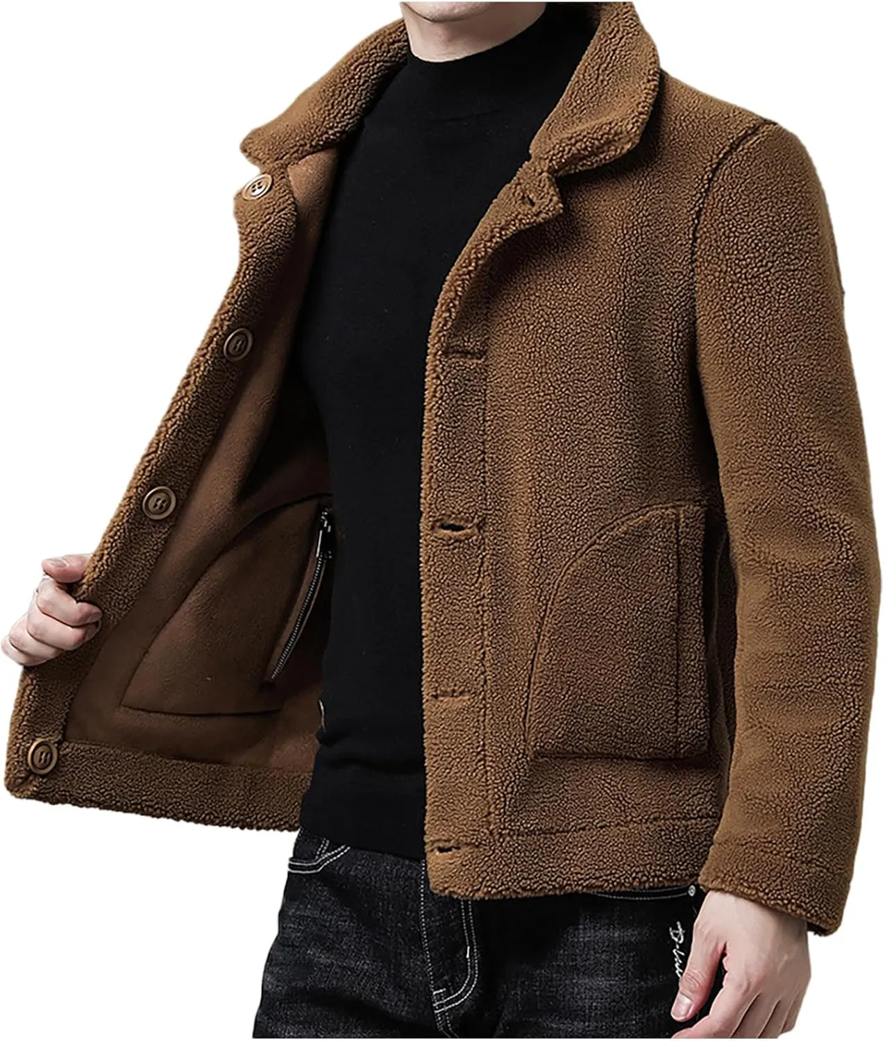 Xiaojmake Men's Shearling Jacket Leather Jacket Suede Sherpa Lined Coat Lapel Collared Flying Jacket Winter Fluffy Outerwear