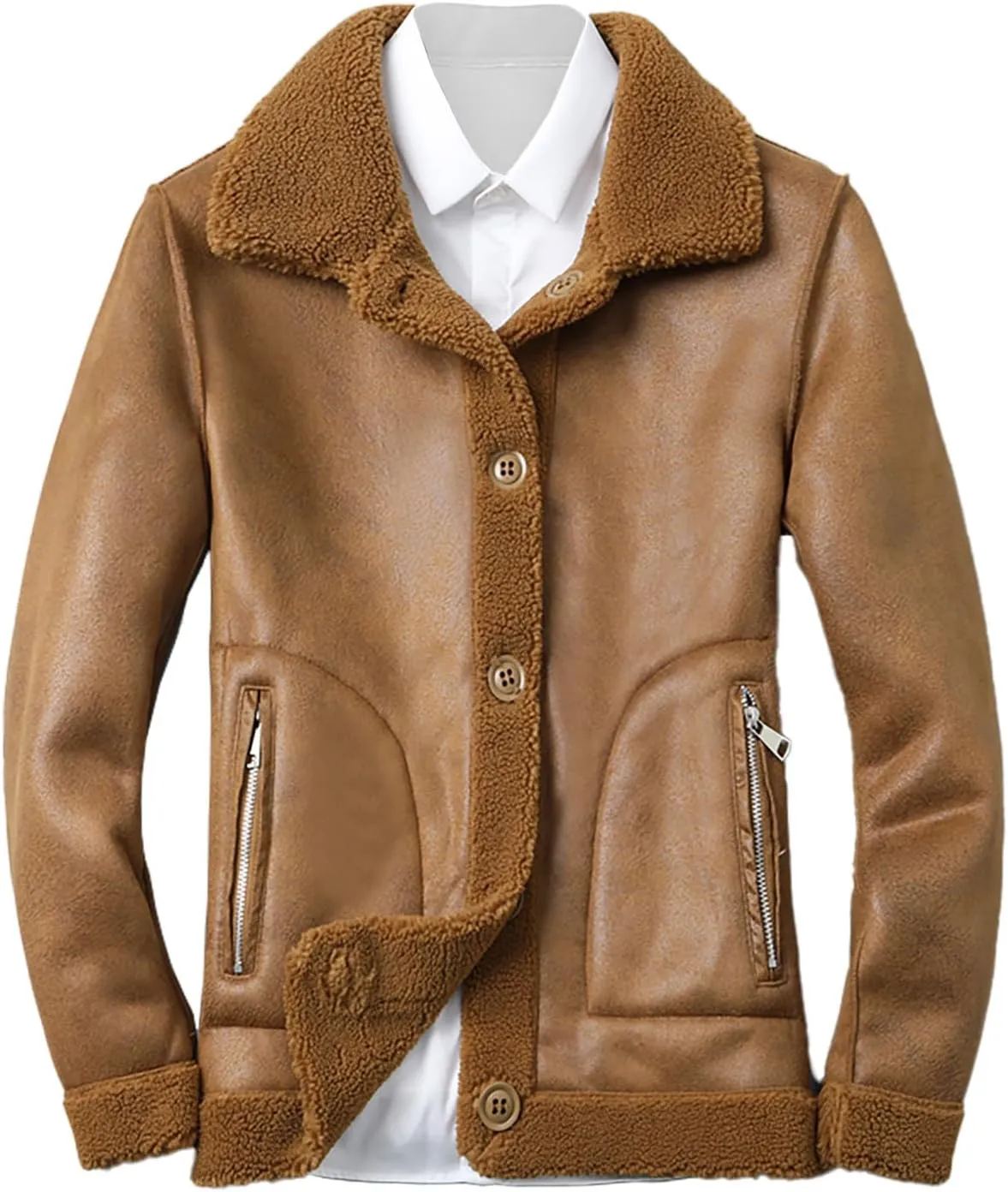 Xiaojmake Men's Shearling Jacket Leather Jacket Suede Sherpa Lined Coat Lapel Collared Flying Jacket Winter Fluffy Outerwear