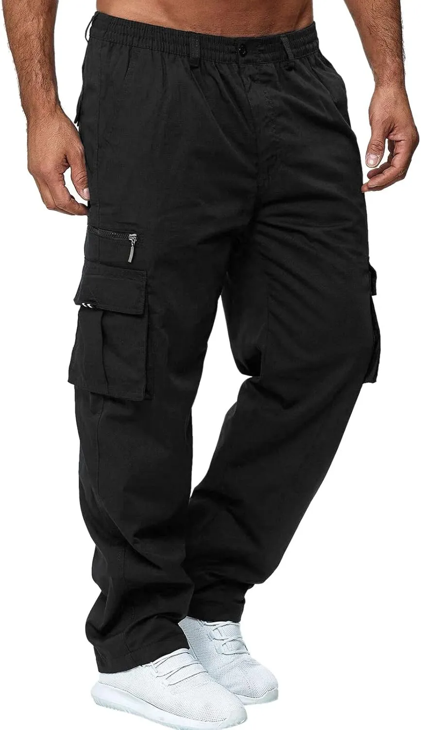 XUETON Men's Outdoor Hiking Ripstop Cargo Pants Multi-Pocket Work Utility Pants Straight Leg Open Bottom Cargo Trousers(Black,Medium)