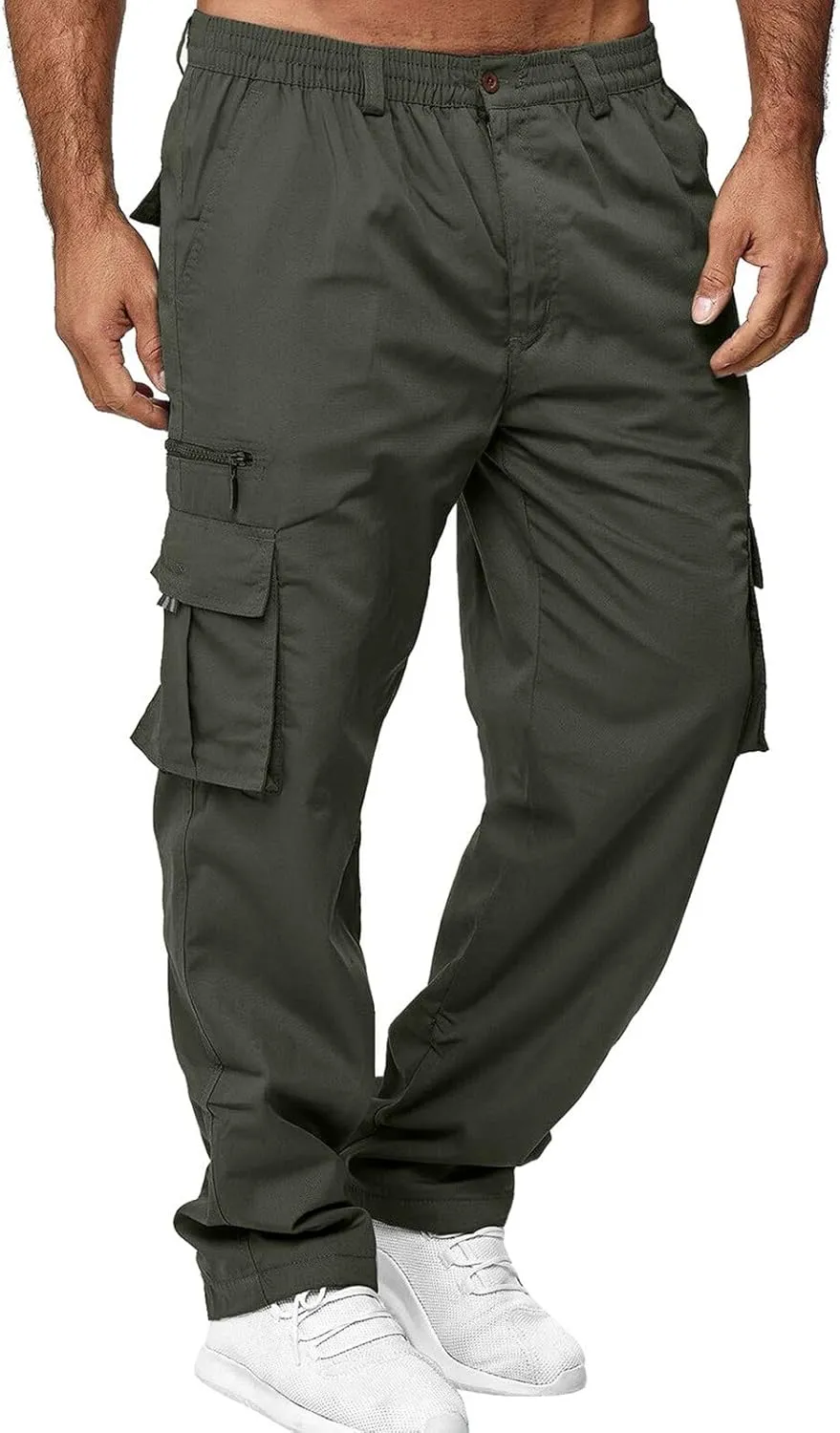 XUETON Men's Outdoor Hiking Ripstop Cargo Pants Multi-Pocket Work Utility Pants Straight Leg Open Bottom Cargo Trousers(Green,3X-Large)