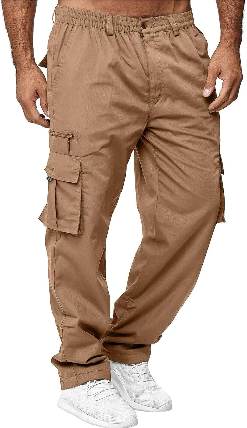 XUETON Men's Outdoor Hiking Ripstop Cargo Pants Multi-Pocket Work Utility Pants Straight Leg Open Bottom Cargo Trousers(Khaki,Large)