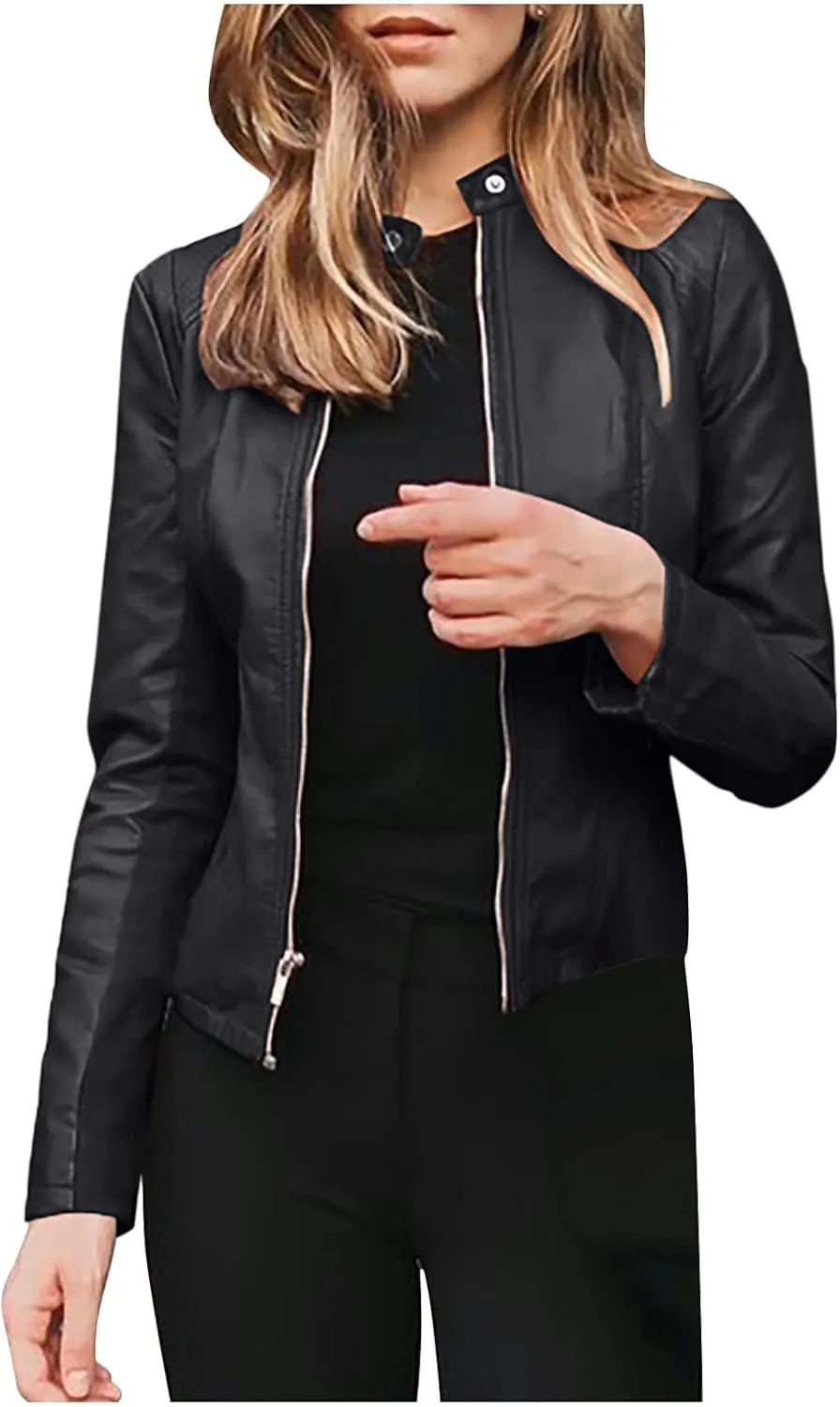 XUNRYAN Women's Faux Leather Jacket Winter Cropped Coats Lightweight Moto Biker Coat Short Motorcycle Jackets Outerwear