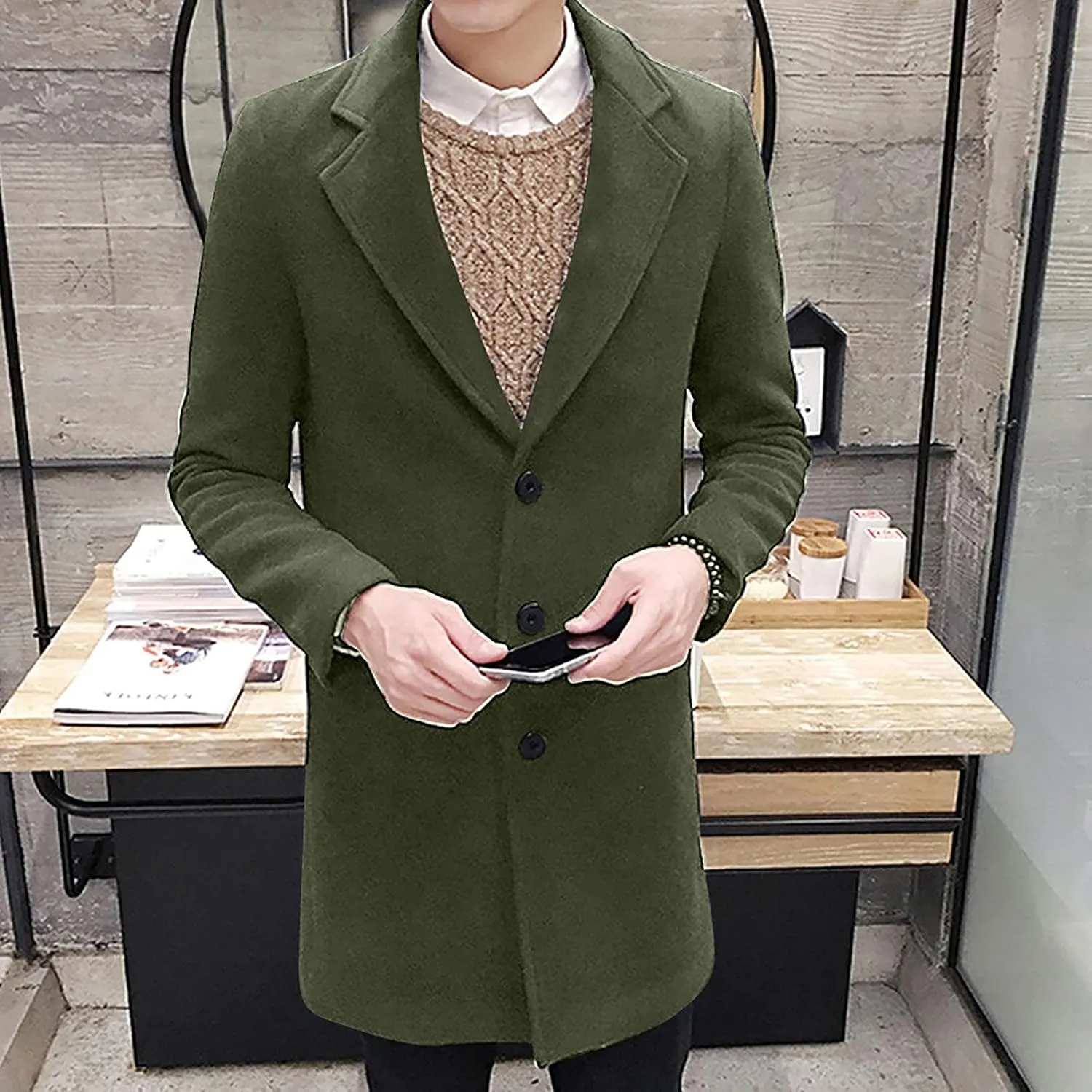 Ymosrh Winter Jackets for Men Formal Single Breasted Figuring Overcoat Long Wool Warm Jacket Outwear Mens