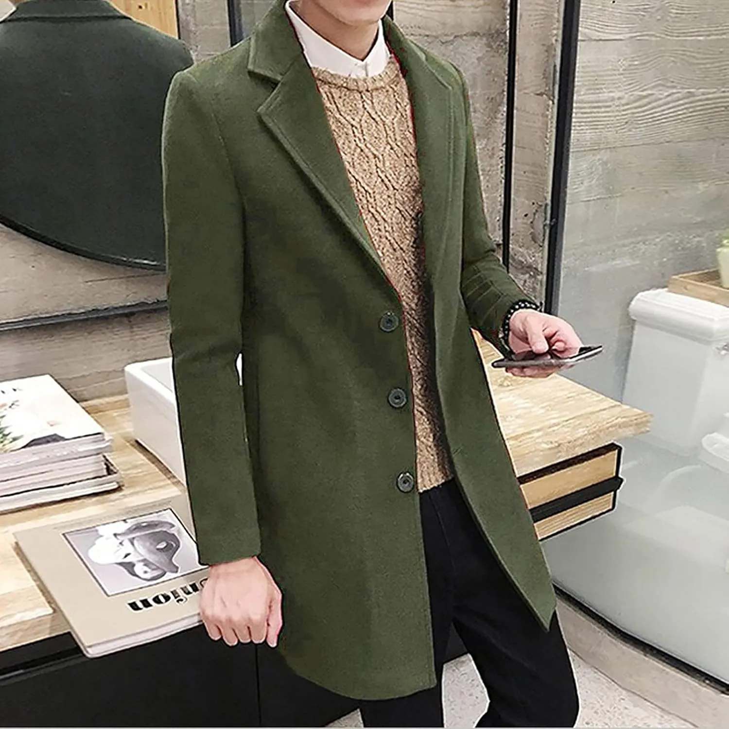 Ymosrh Winter Jackets for Men Formal Single Breasted Figuring Overcoat Long Wool Warm Jacket Outwear Mens