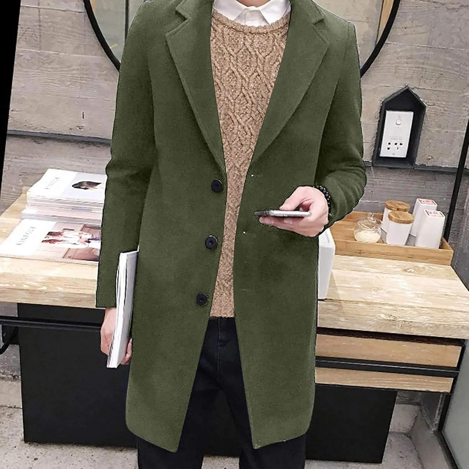 Ymosrh Winter Jackets for Men Formal Single Breasted Figuring Overcoat Long Wool Warm Jacket Outwear Mens