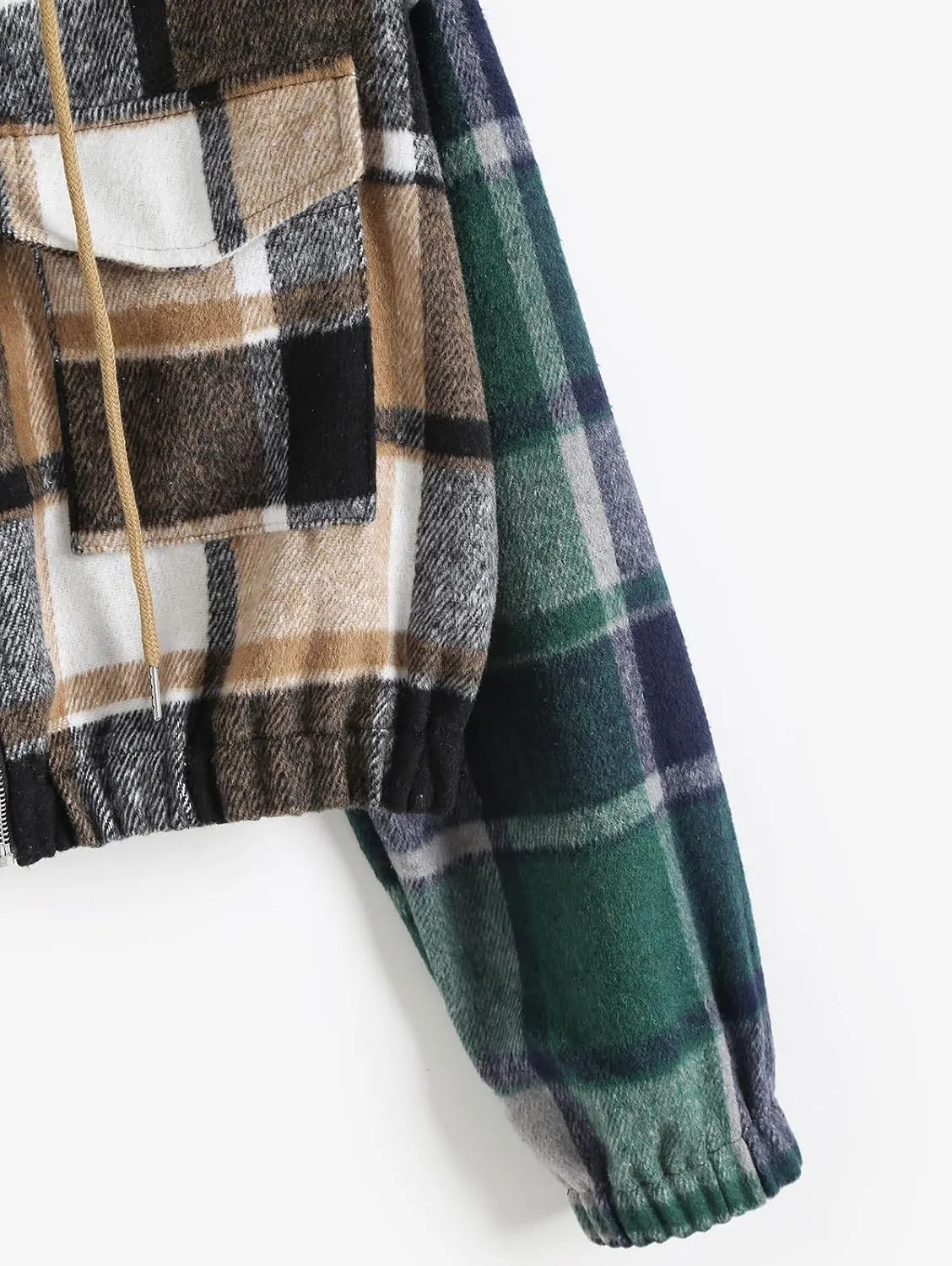 ZAFUL Women's Zip Up Hoodie Plaid Flannel Flap Pocket Casual Cropped Hooded Jacket Tops