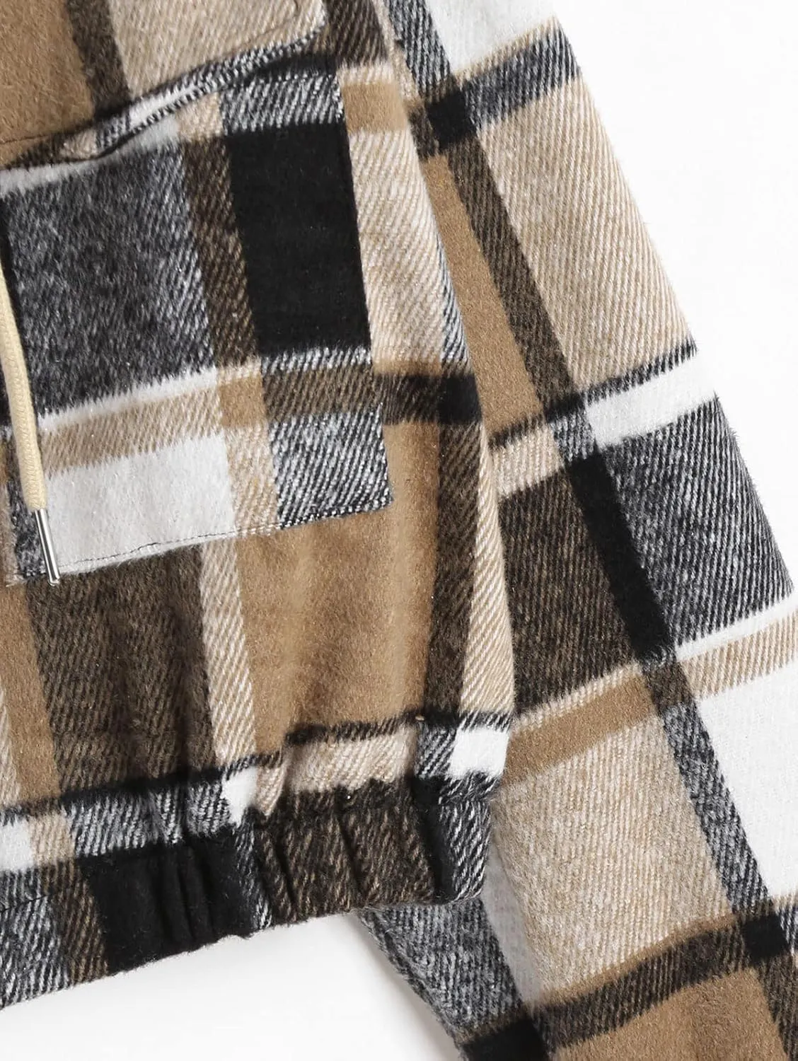 ZAFUL Women's Zip Up Hoodie Plaid Flannel Flap Pocket Casual Cropped Hooded Jacket Tops