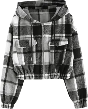 ZAFUL Women's Zip Up Hoodie Plaid Flannel Flap Pocket Casual Cropped Hooded Jacket Tops