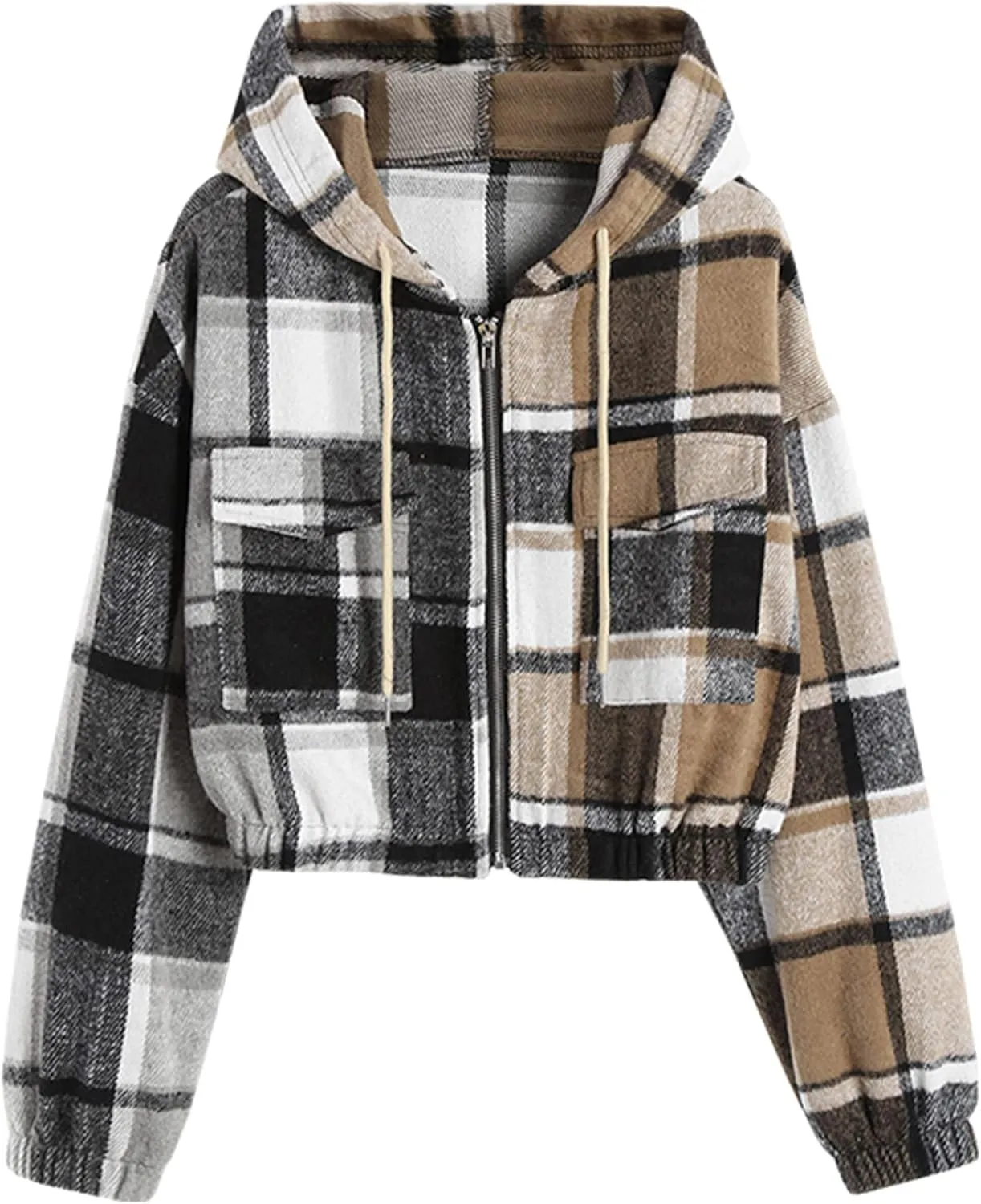 ZAFUL Women's Zip Up Hoodie Plaid Flannel Flap Pocket Casual Cropped Hooded Jacket Tops