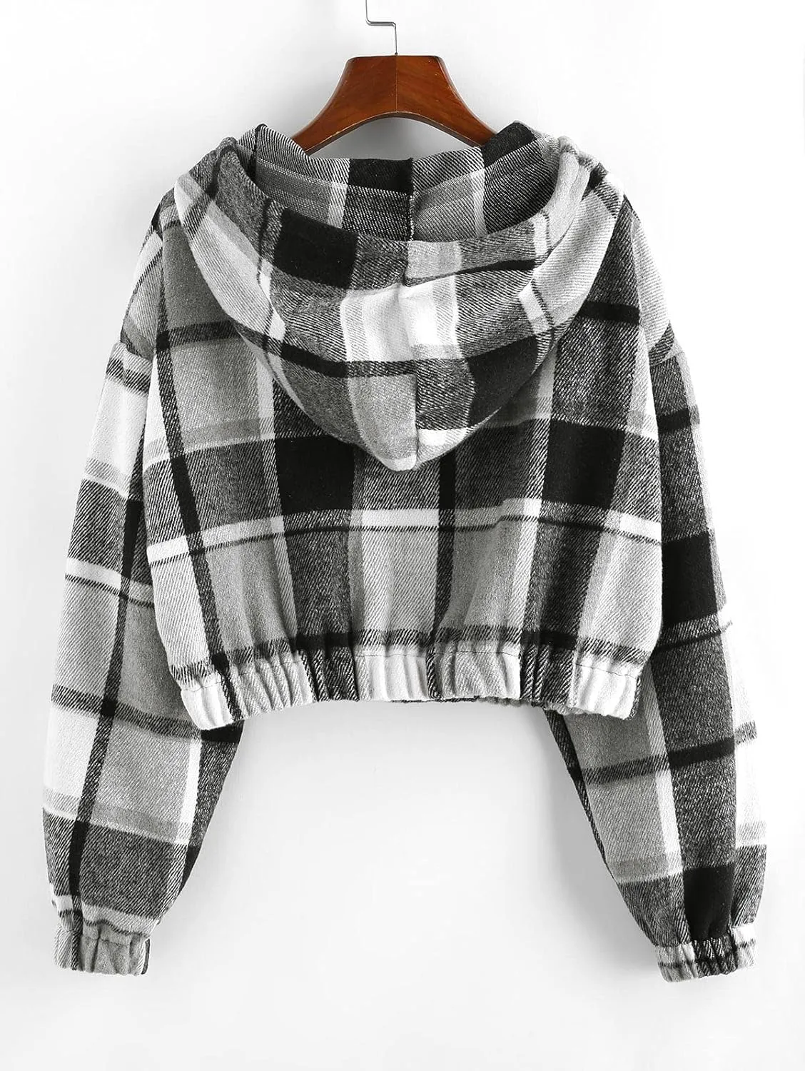 ZAFUL Women's Zip Up Hoodie Plaid Flannel Flap Pocket Casual Cropped Hooded Jacket Tops