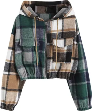 ZAFUL Women's Zip Up Hoodie Plaid Flannel Flap Pocket Casual Cropped Hooded Jacket Tops
