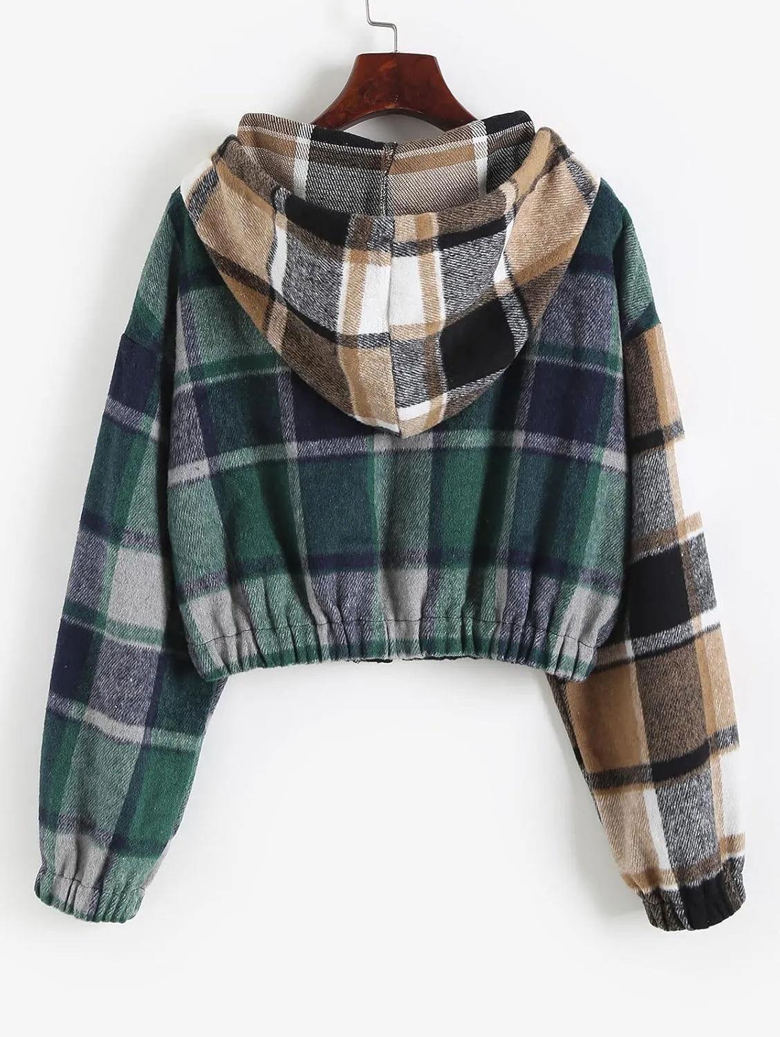 ZAFUL Women's Zip Up Hoodie Plaid Flannel Flap Pocket Casual Cropped Hooded Jacket Tops