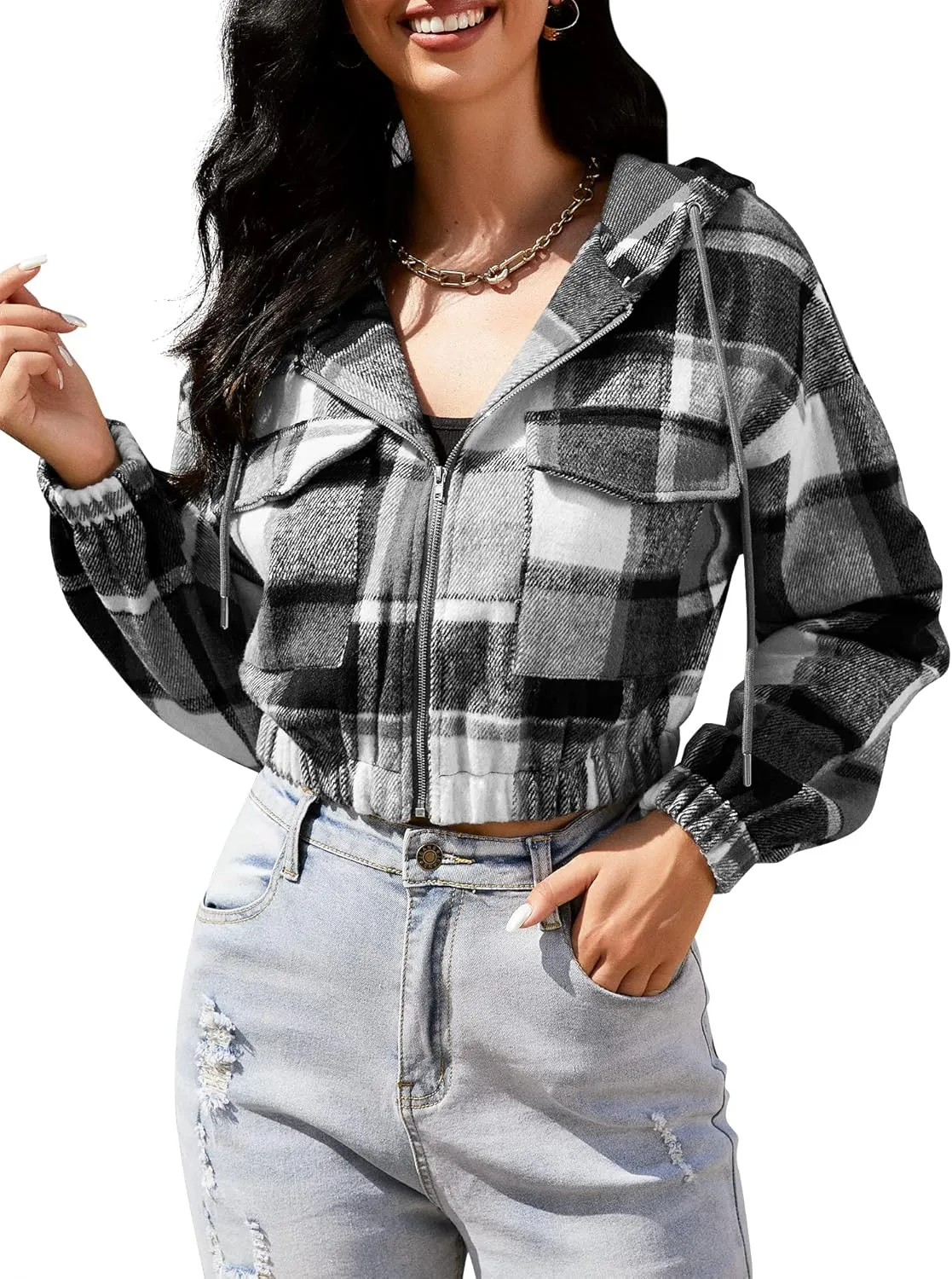 ZAFUL Women's Zip Up Hoodie Plaid Flannel Flap Pocket Casual Cropped Hooded Jacket Tops