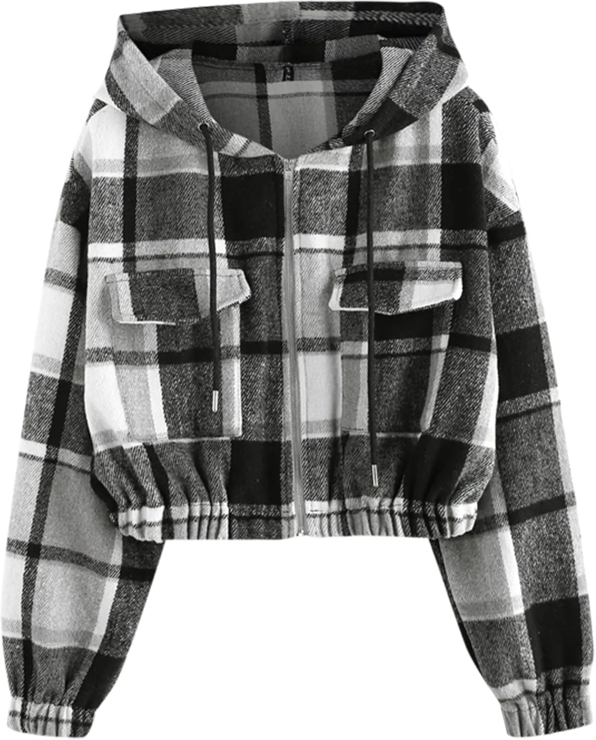 ZAFUL Women's Zip Up Hoodie Plaid Flannel Flap Pocket Casual Cropped Hooded Jacket Tops