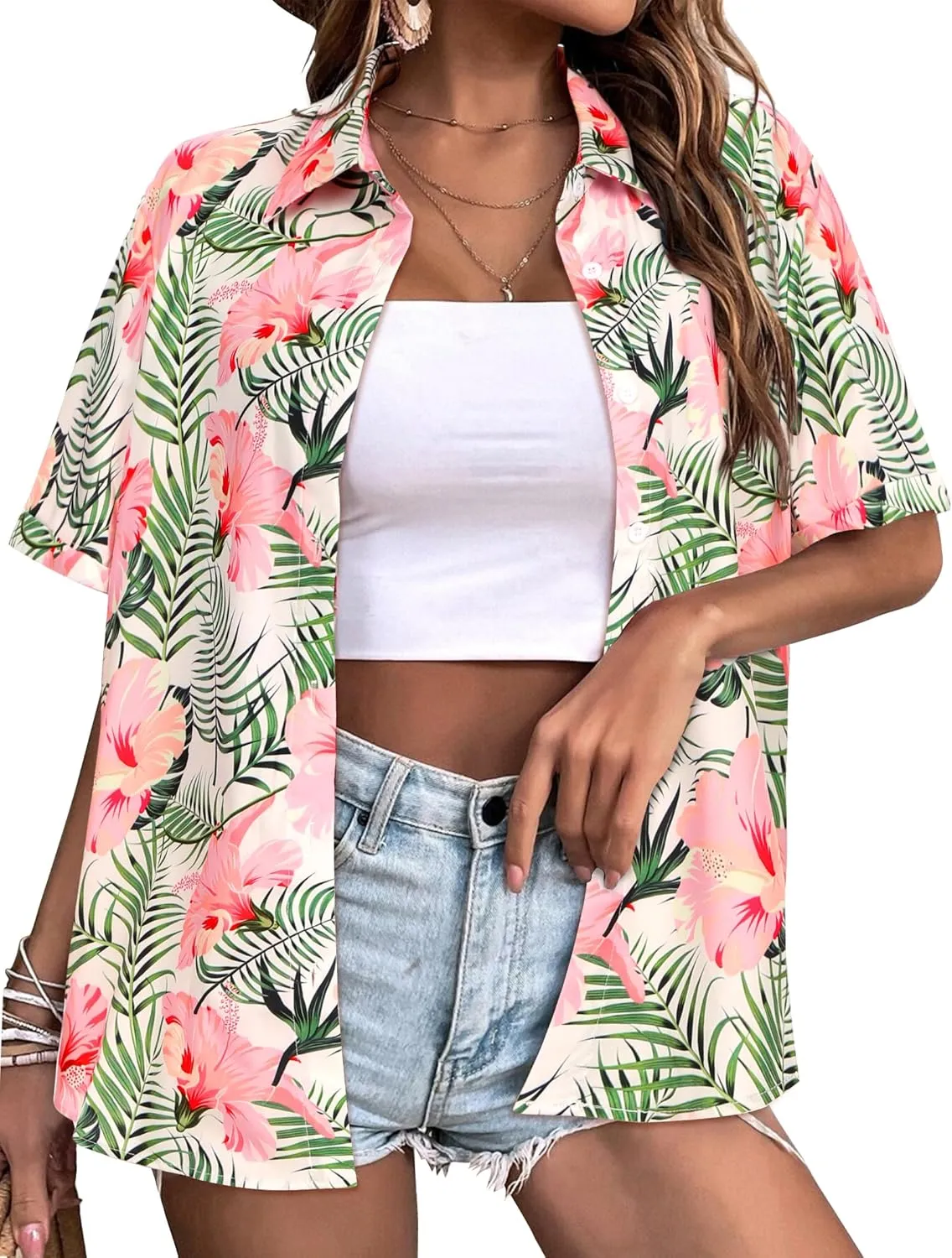 Zeagoo Womens Hawaiian Button Down Shirts Casual Floral Tropical Shirt