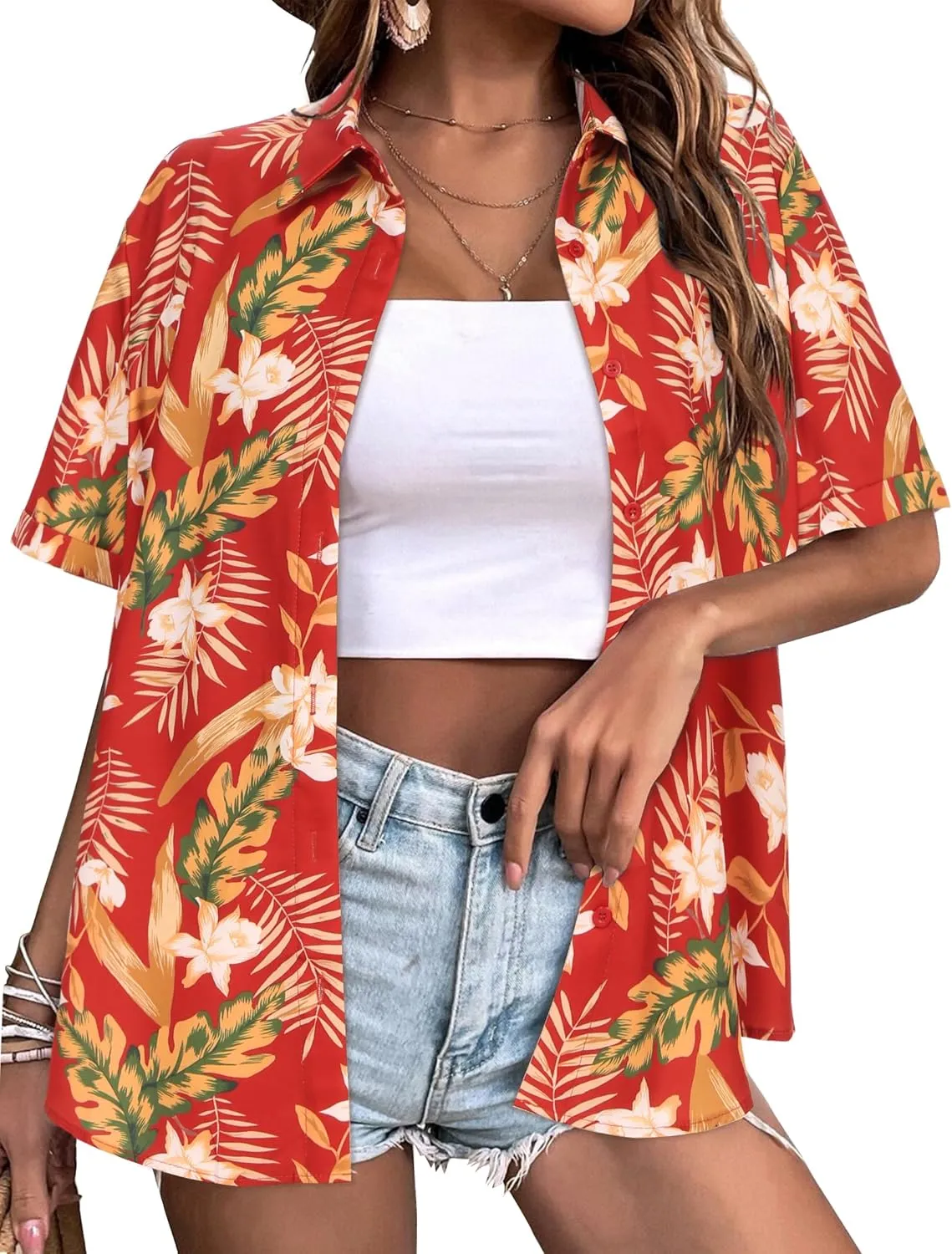 Zeagoo Womens Hawaiian Button Down Shirts Casual Floral Tropical Shirt