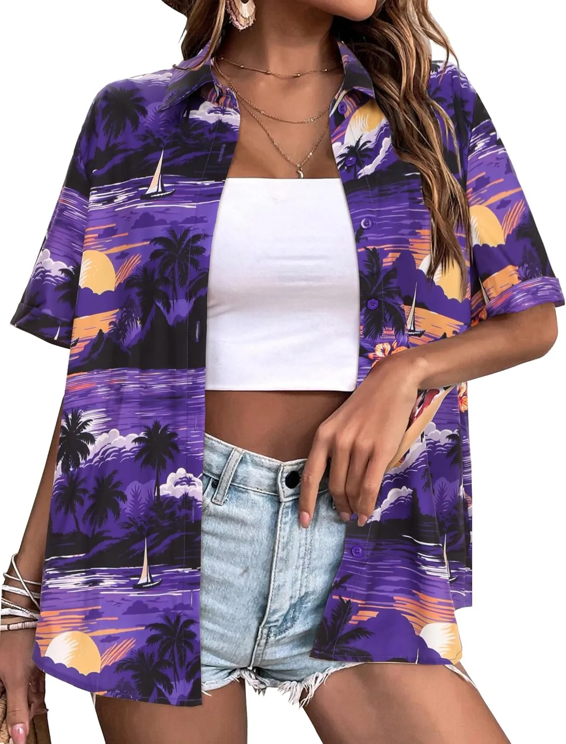 Zeagoo Womens Hawaiian Button Down Shirts Casual Floral Tropical Shirt