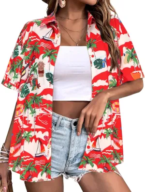 Zeagoo Womens Hawaiian Button Down Shirts Casual Floral Tropical Shirt