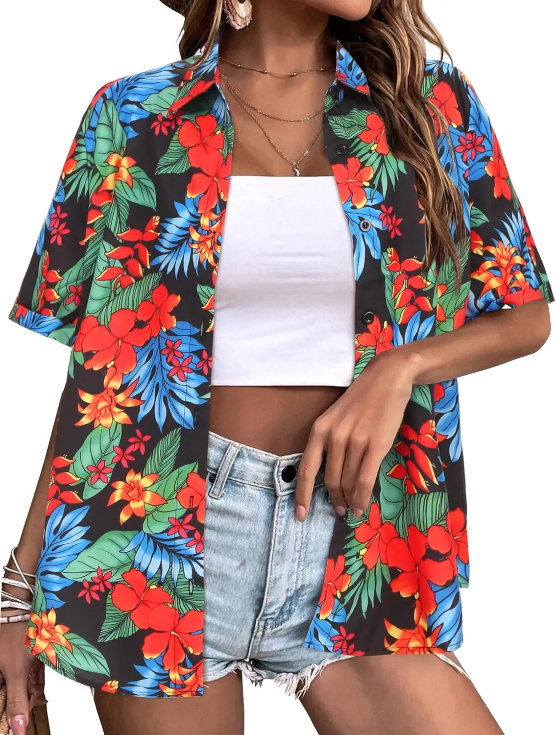 Zeagoo Womens Hawaiian Button Down Shirts Casual Floral Tropical Shirt