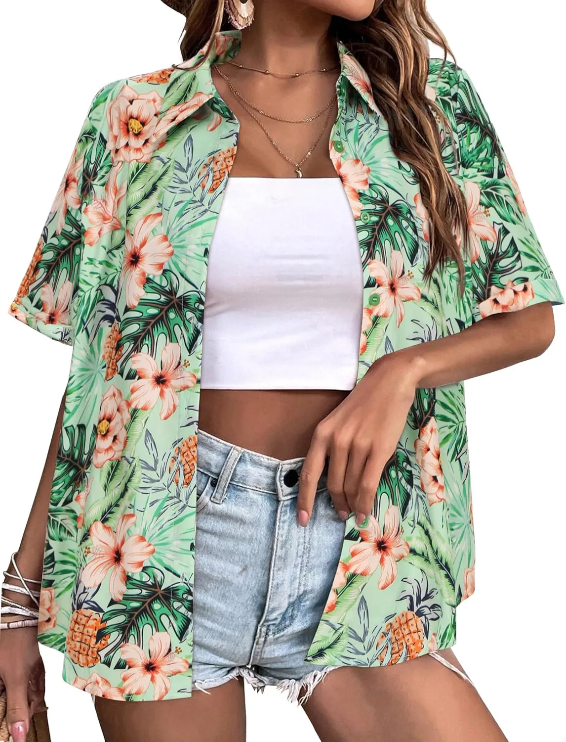 Zeagoo Womens Hawaiian Button Down Shirts Casual Floral Tropical Shirt