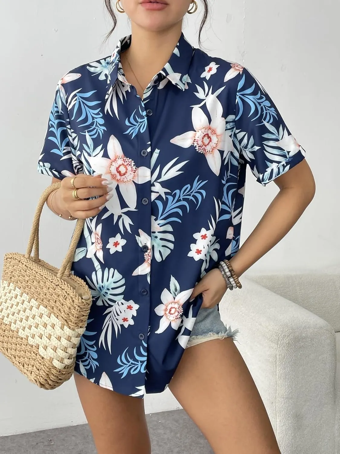 Zeagoo Womens Hawaiian Button Down Shirts Casual Floral Tropical Shirt