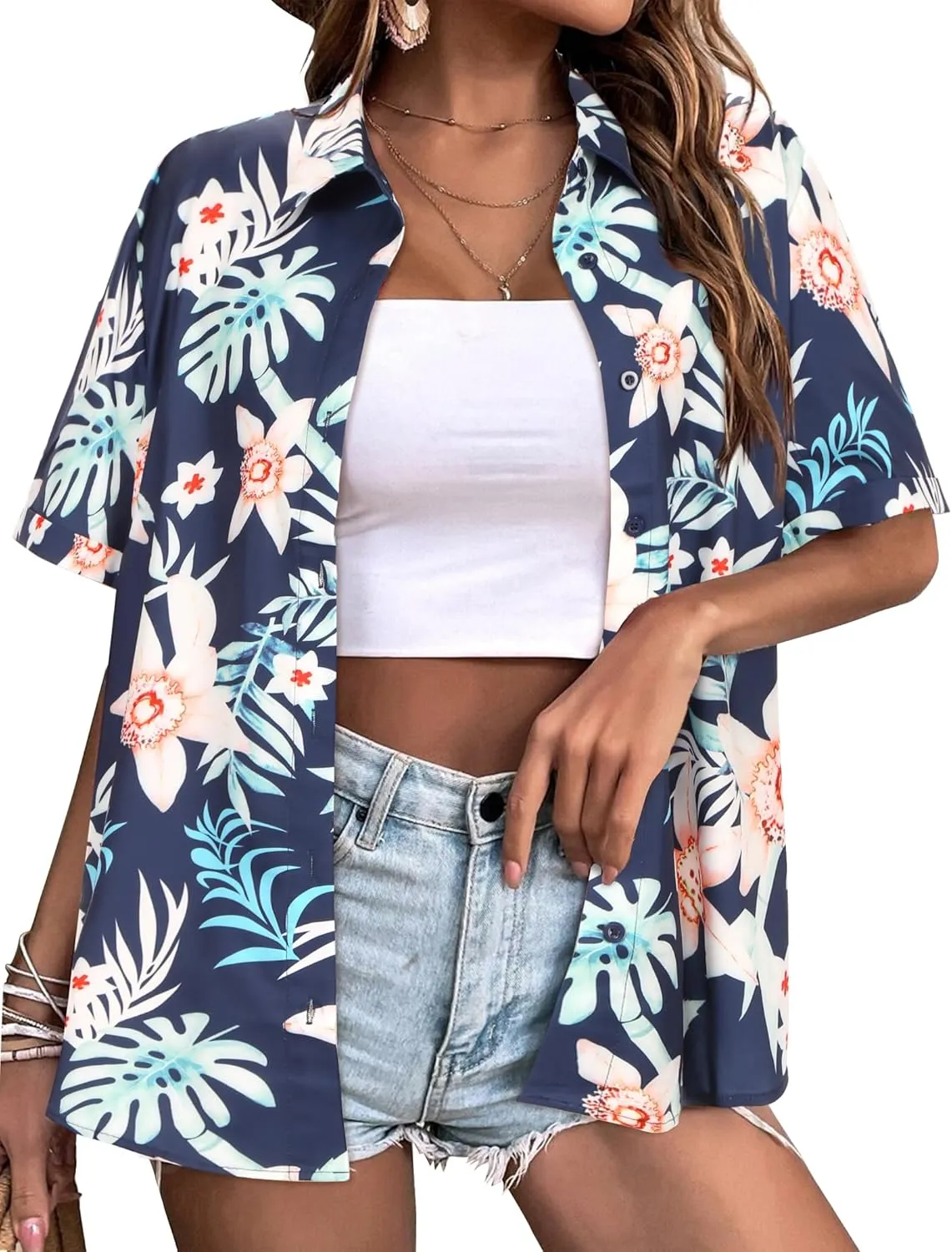 Zeagoo Womens Hawaiian Button Down Shirts Casual Floral Tropical Shirt