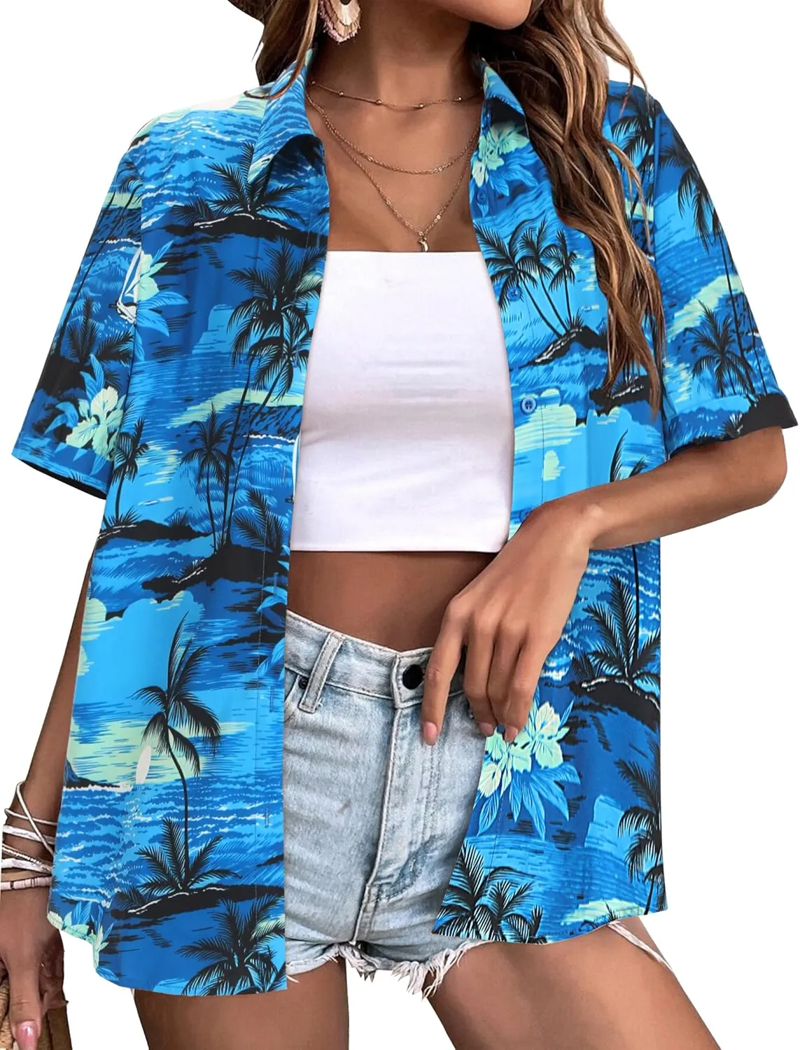Zeagoo Womens Hawaiian Button Down Shirts Casual Floral Tropical Shirt