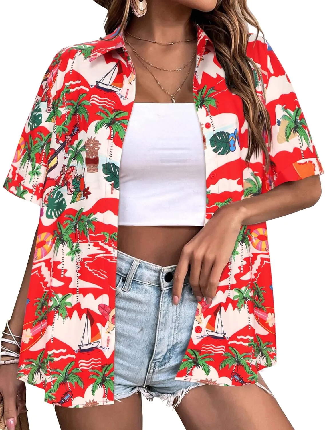 Zeagoo Womens Hawaiian Button Down Shirts Casual Floral Tropical Shirt