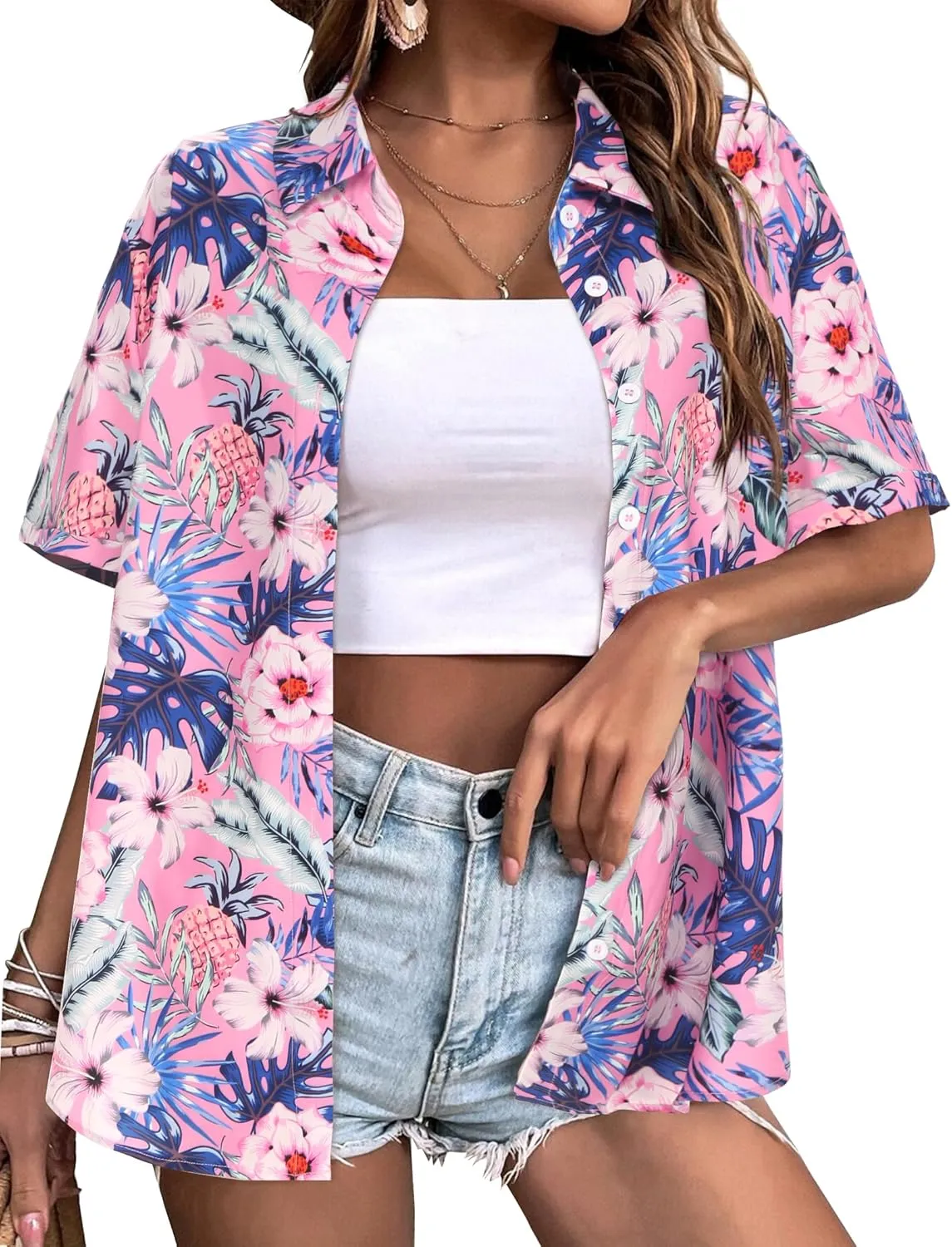 Zeagoo Womens Hawaiian Button Down Shirts Casual Floral Tropical Shirt