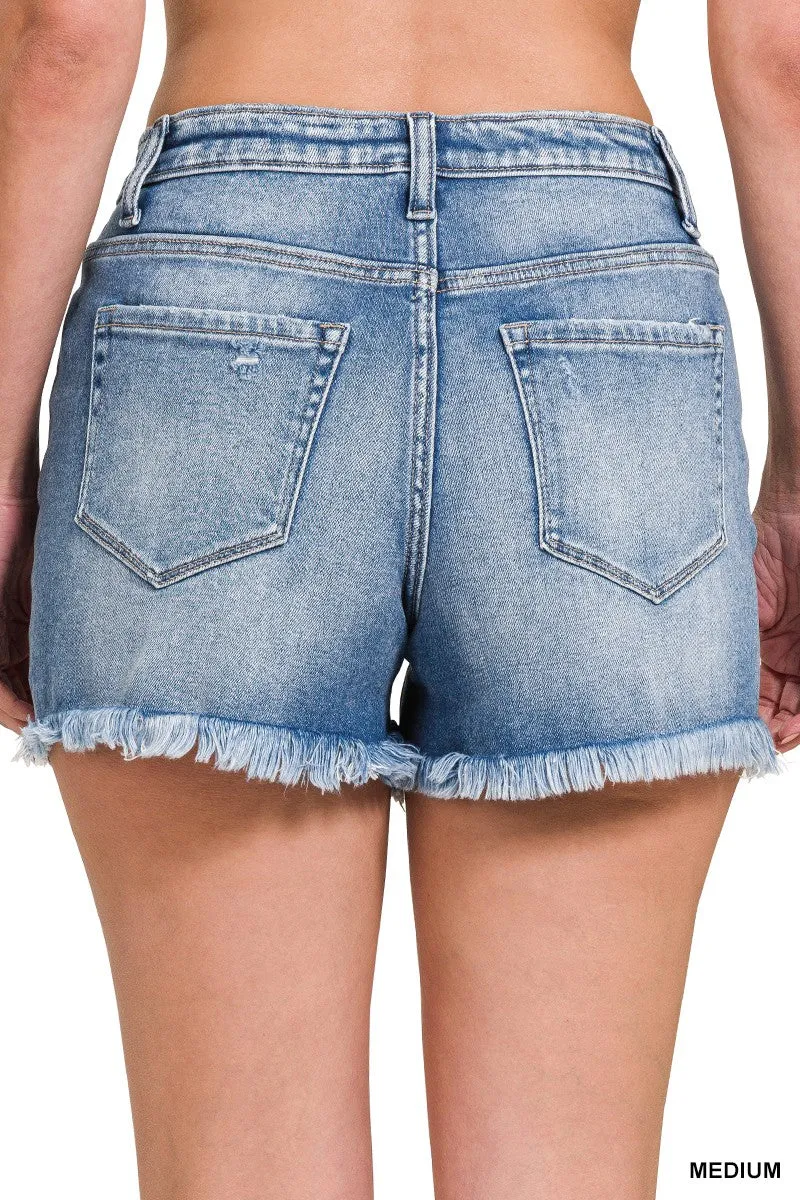 Zenana Mid Rise Fray Hem Denim Shorts